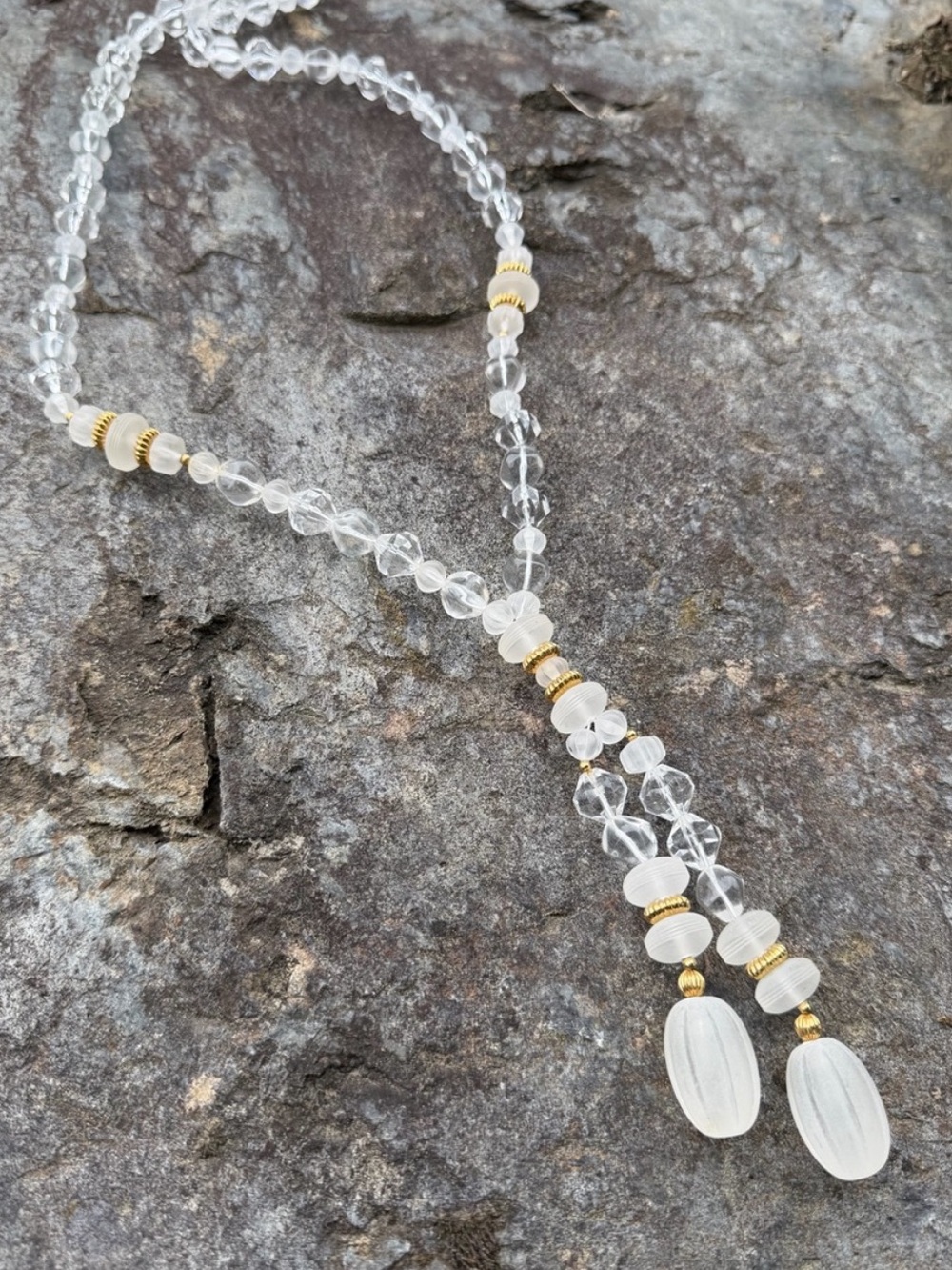 Vintage Clear Lucite Beaded Gold Lariat Necklace Gold